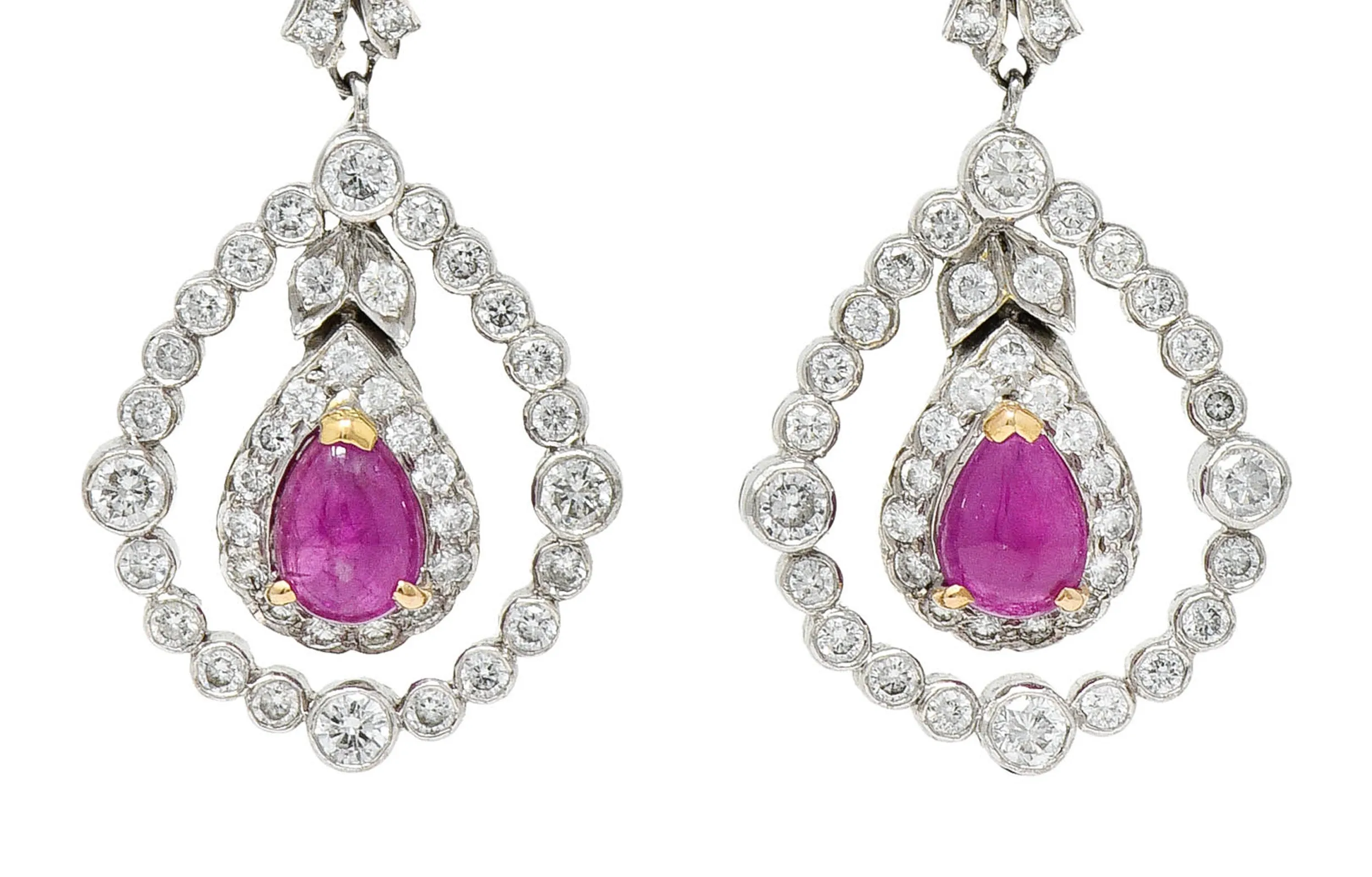 1950's Mid-Century 4.60 CTW Diamond Ruby 18 Karat Two-Tone Gold Drop Earrings