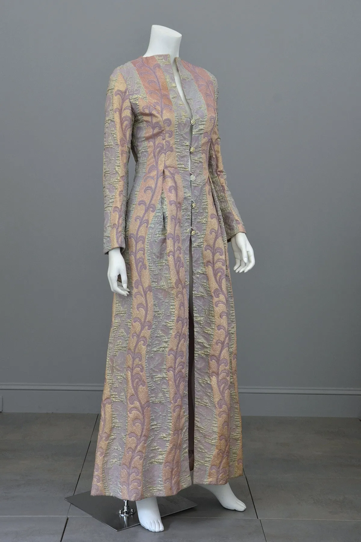 1960s 70s Lurex Brocade Maxi Evening Dress Coat XS