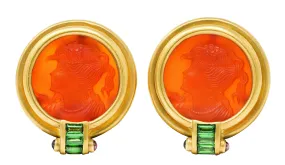 1980's Garnet Carved Glass Cameo 18 Karat Yellow Gold Ancient Coin Ear-Clip Earrings