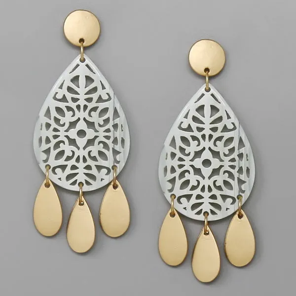 Acetate Teardrop With Metal Fringe Earrings