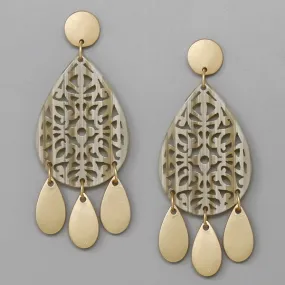 Acetate Teardrop With Metal Fringe Earrings