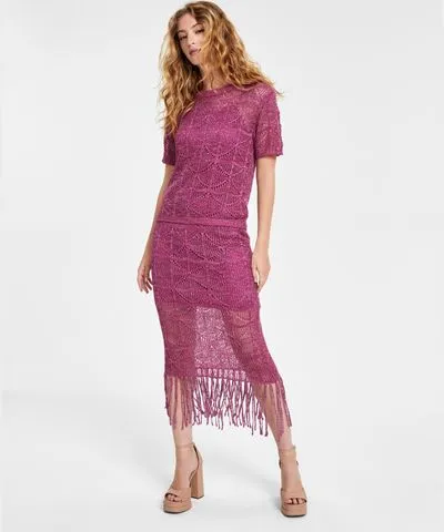 Bar III Women's Crochet Tassel-Fringe Midi Skirt