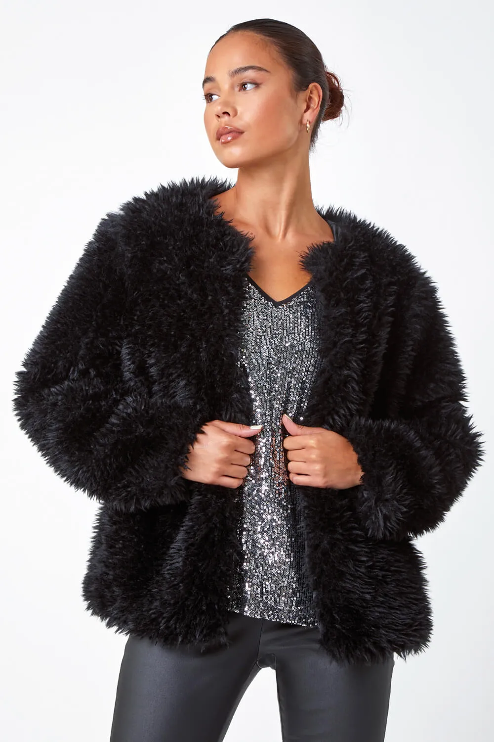 Black Petite Faux Fur Coat | Roman UK