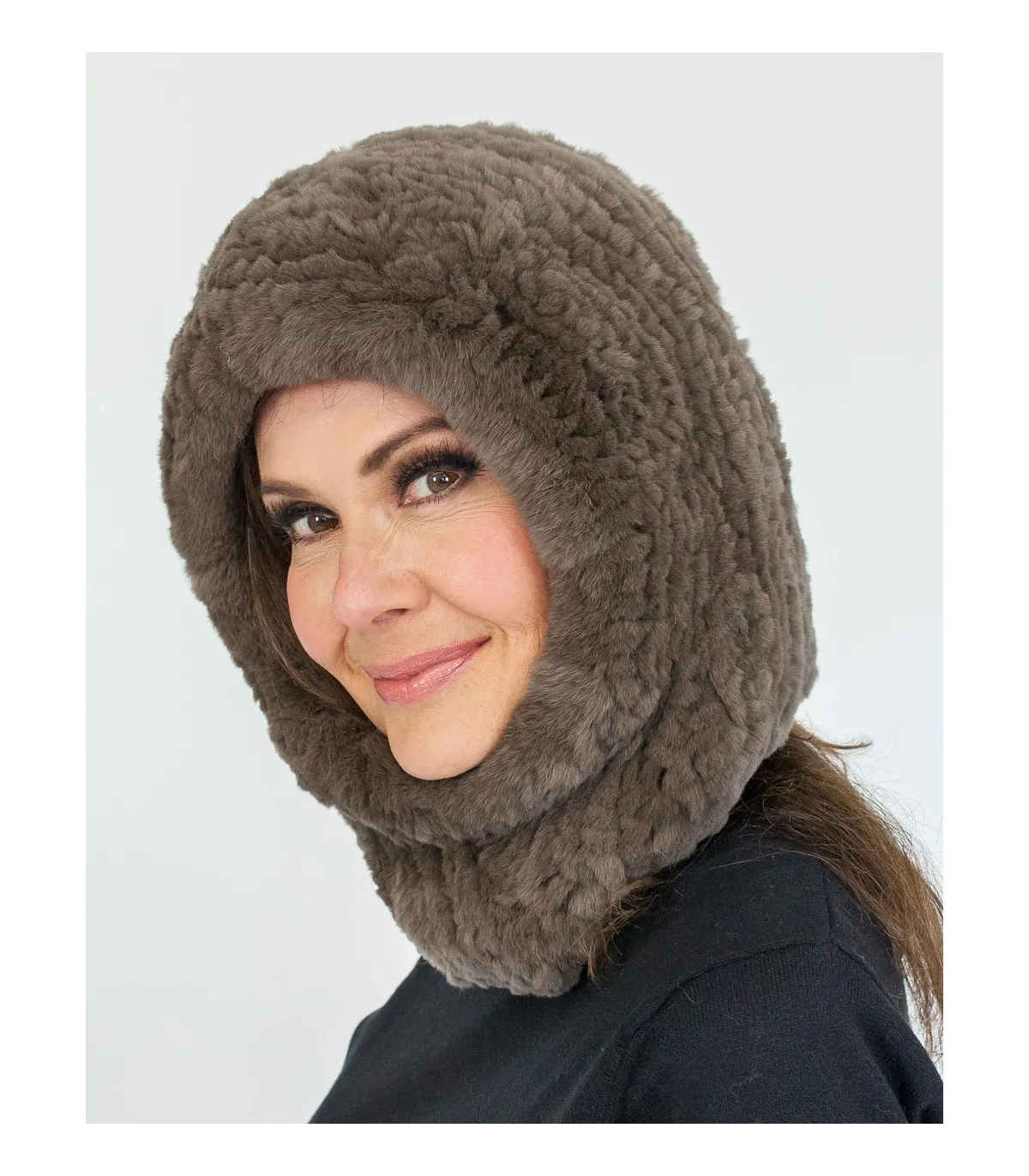 Brown Rex Rabbit Knitted Hood at FurHatWorld