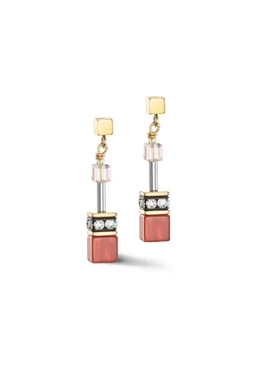 Coeur De Lion GeoCube Cornelian, Pink Aventurine & Jasper Earrings Gold Plated