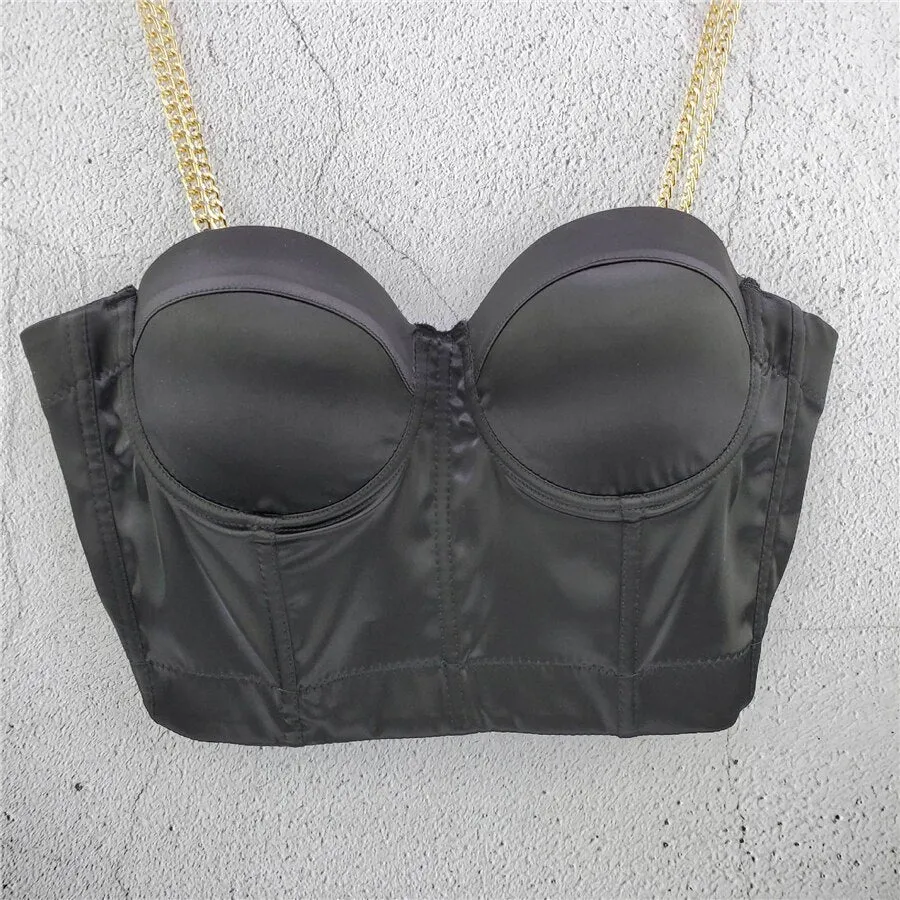 Crop Top With Metal Chain Shoulder Strap Party Nightclub Show Sexy Women Bra To Wear Out Push Up Bralette Corset