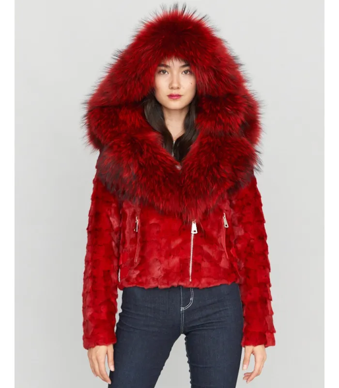 Diamond Mink Motor Jacket w/Fox Collar & Hood in Red: FurHatWorld