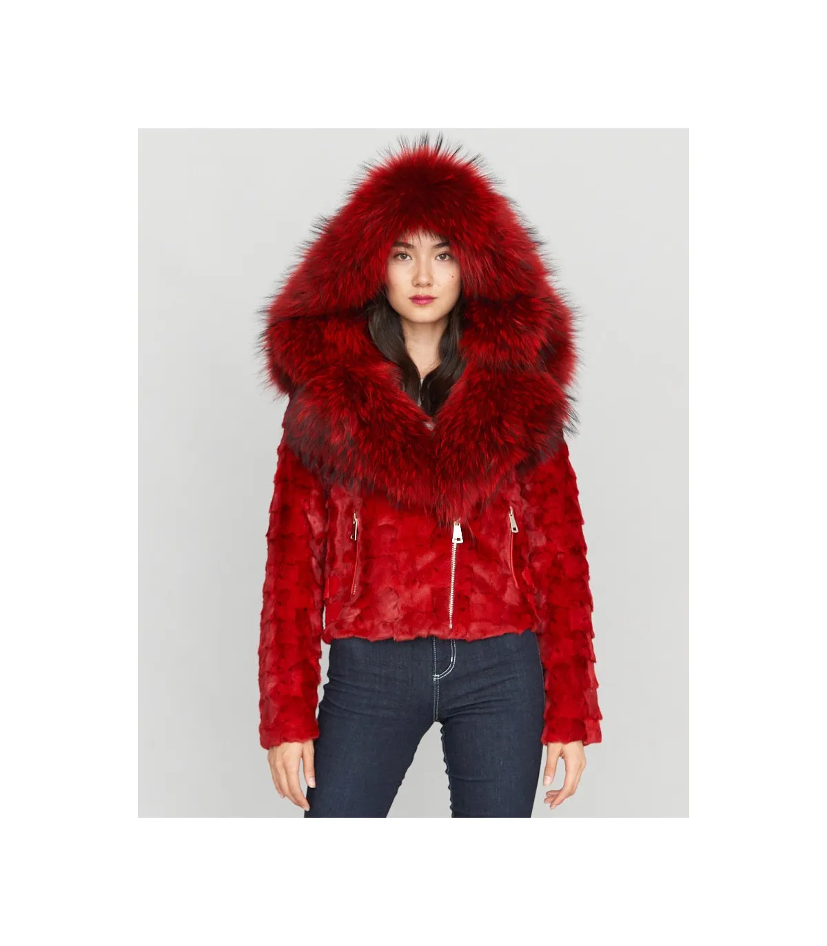 Diamond Mink Motor Jacket w/Fox Collar & Hood in Red: FurHatWorld