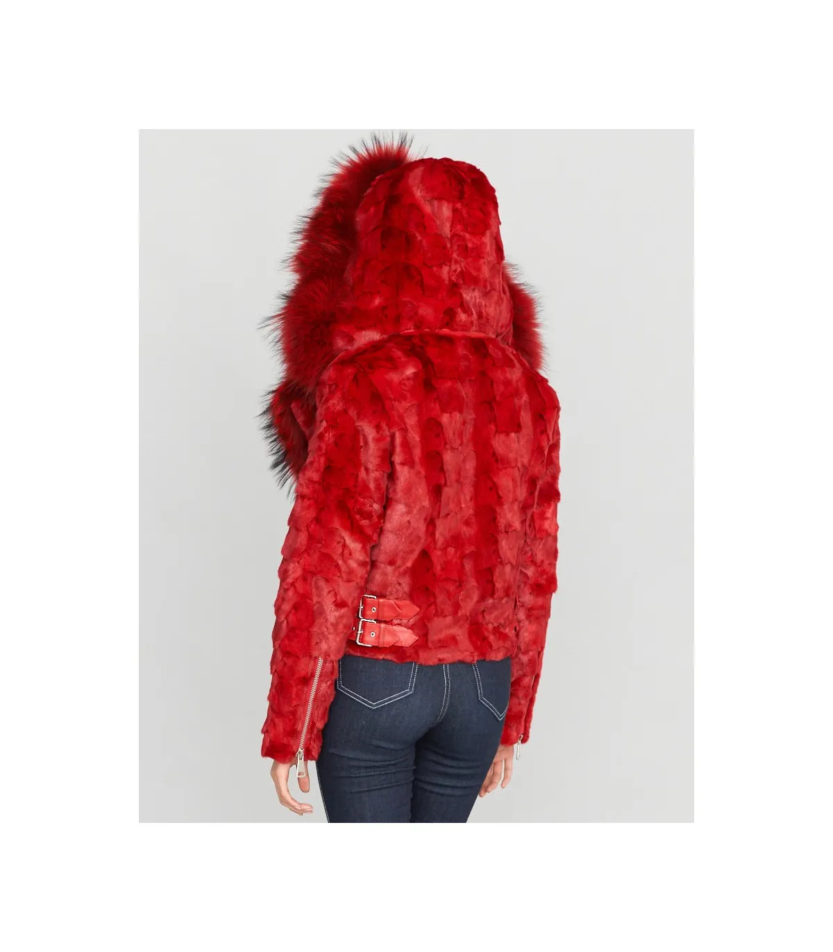 Diamond Mink Motor Jacket w/Fox Collar & Hood in Red: FurHatWorld