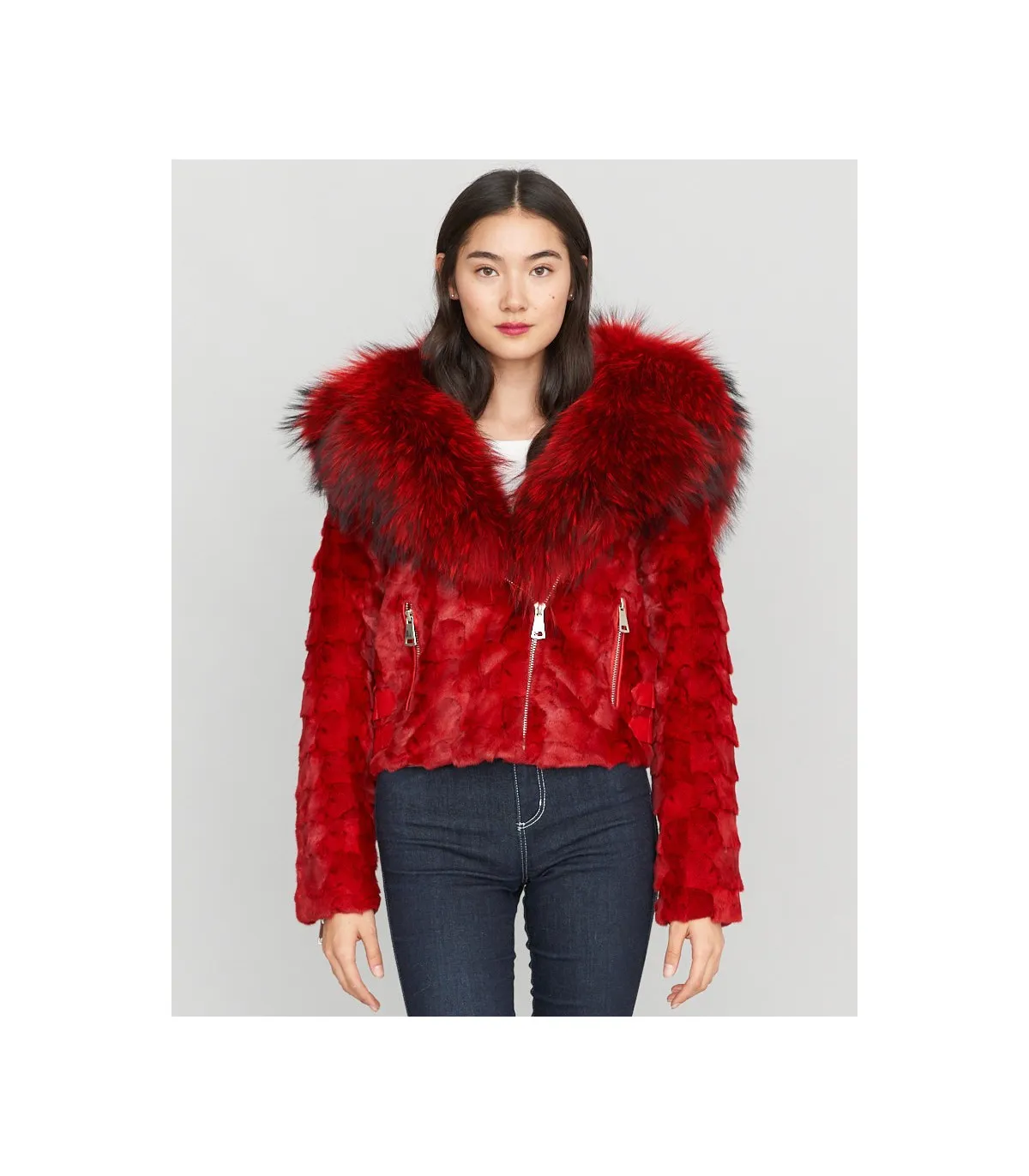 Diamond Mink Motor Jacket w/Fox Collar & Hood in Red: FurHatWorld