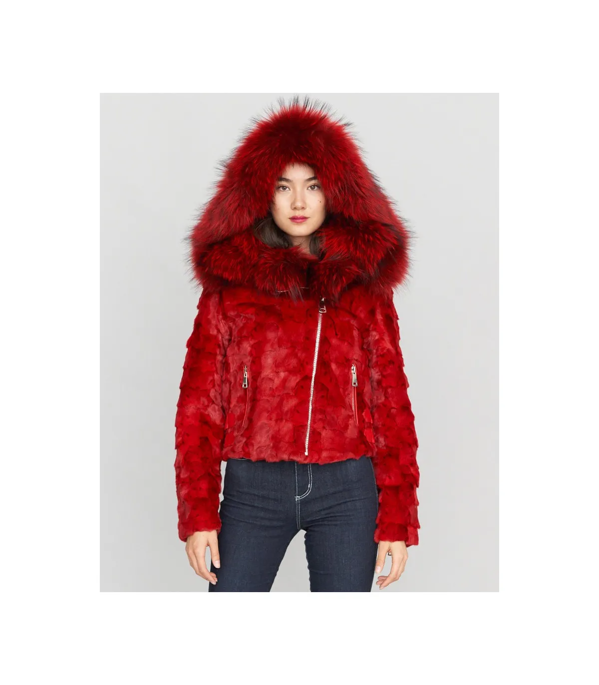 Diamond Mink Motor Jacket w/Fox Collar & Hood in Red: FurHatWorld