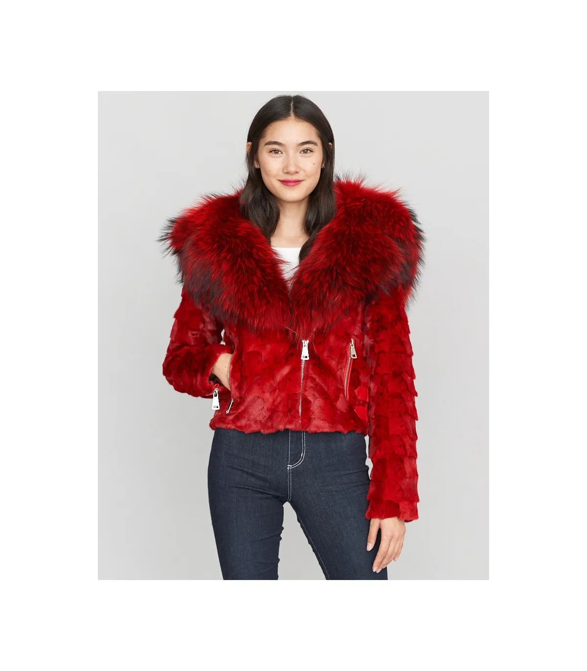 Diamond Mink Motor Jacket w/Fox Collar & Hood in Red: FurHatWorld