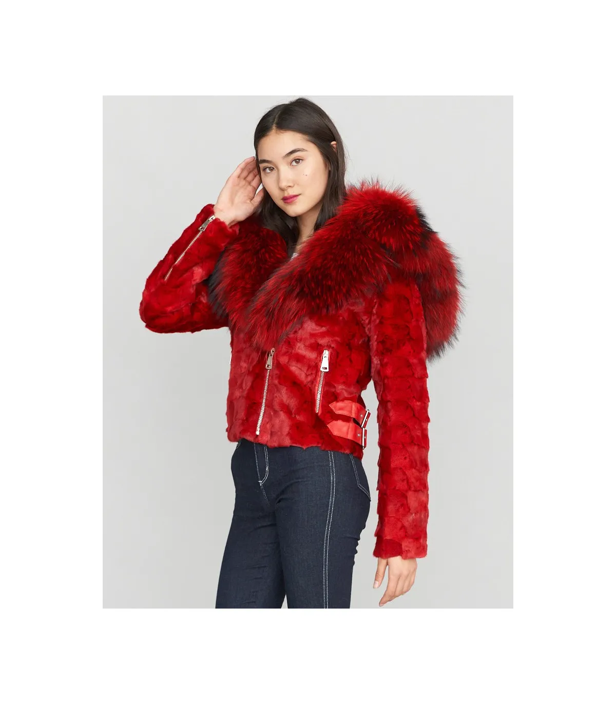 Diamond Mink Motor Jacket w/Fox Collar & Hood in Red: FurHatWorld