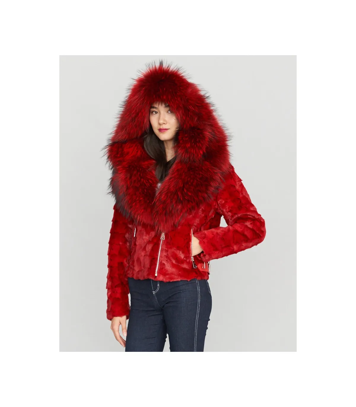 Diamond Mink Motor Jacket w/Fox Collar & Hood in Red: FurHatWorld