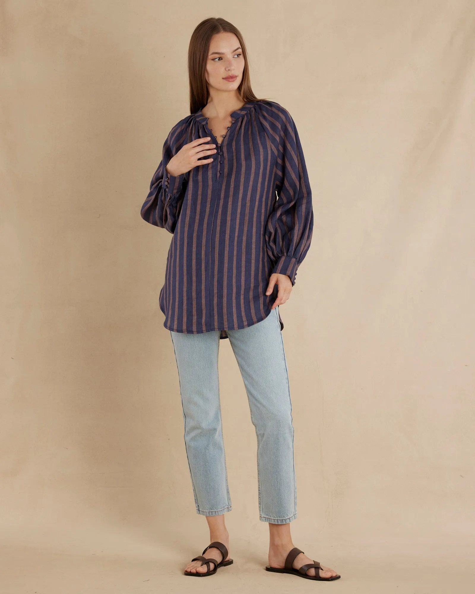 Estelle Linen Tunic Blouse - Navy