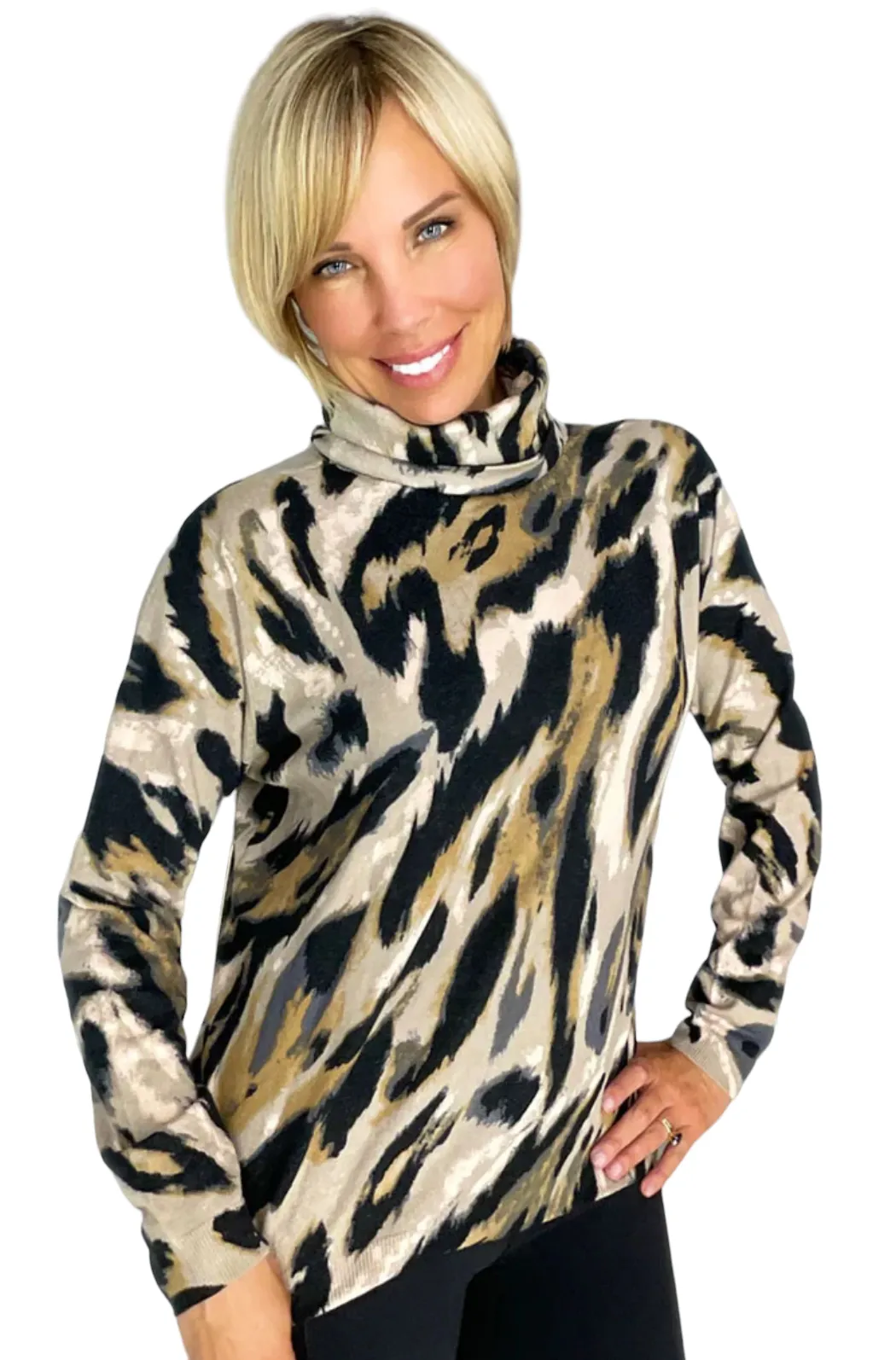 ETHYL ANIMAL PRINT TURTLENECK