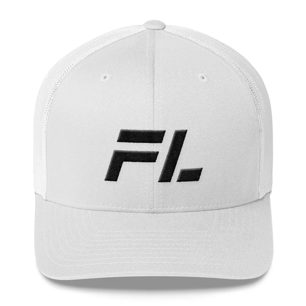 Florida - Mesh Back Trucker Cap - Black Embroidery - FL - Many Hat Color Options Available