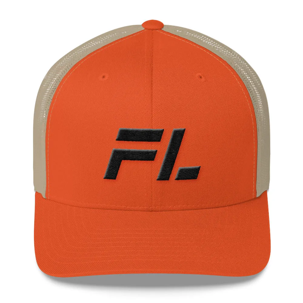 Florida - Mesh Back Trucker Cap - Black Embroidery - FL - Many Hat Color Options Available