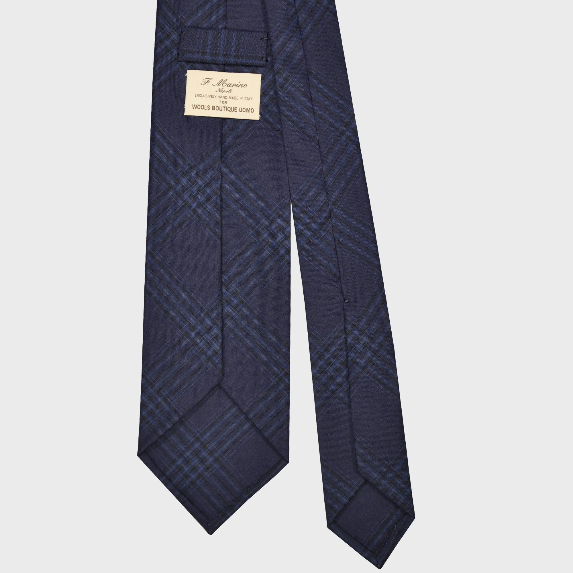 F.Marino Handmade Wool Tie 3 Folds Prince of Wales Indigo