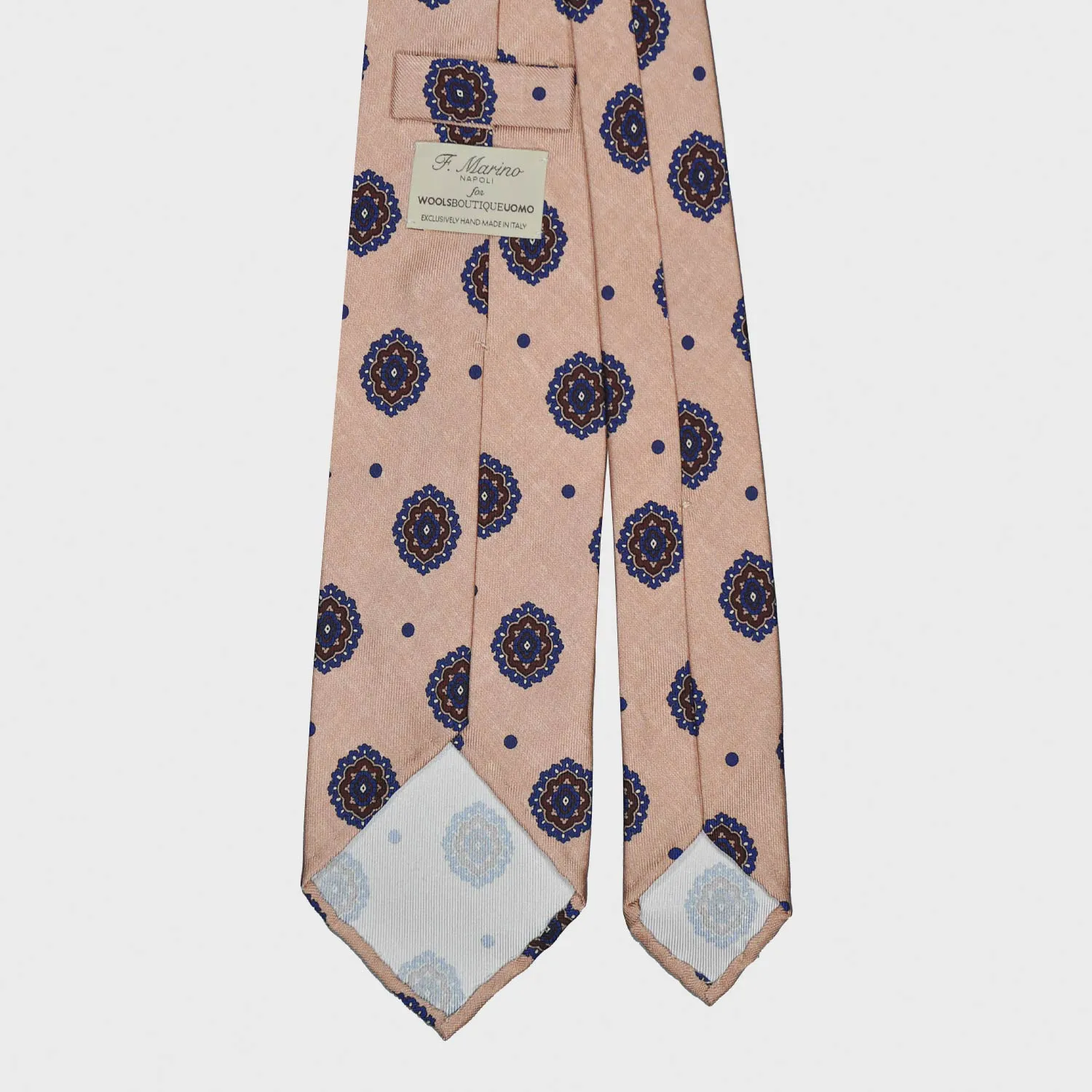 F.Marino Satin Silk Tie 3 Folds Medallions Antique Pink