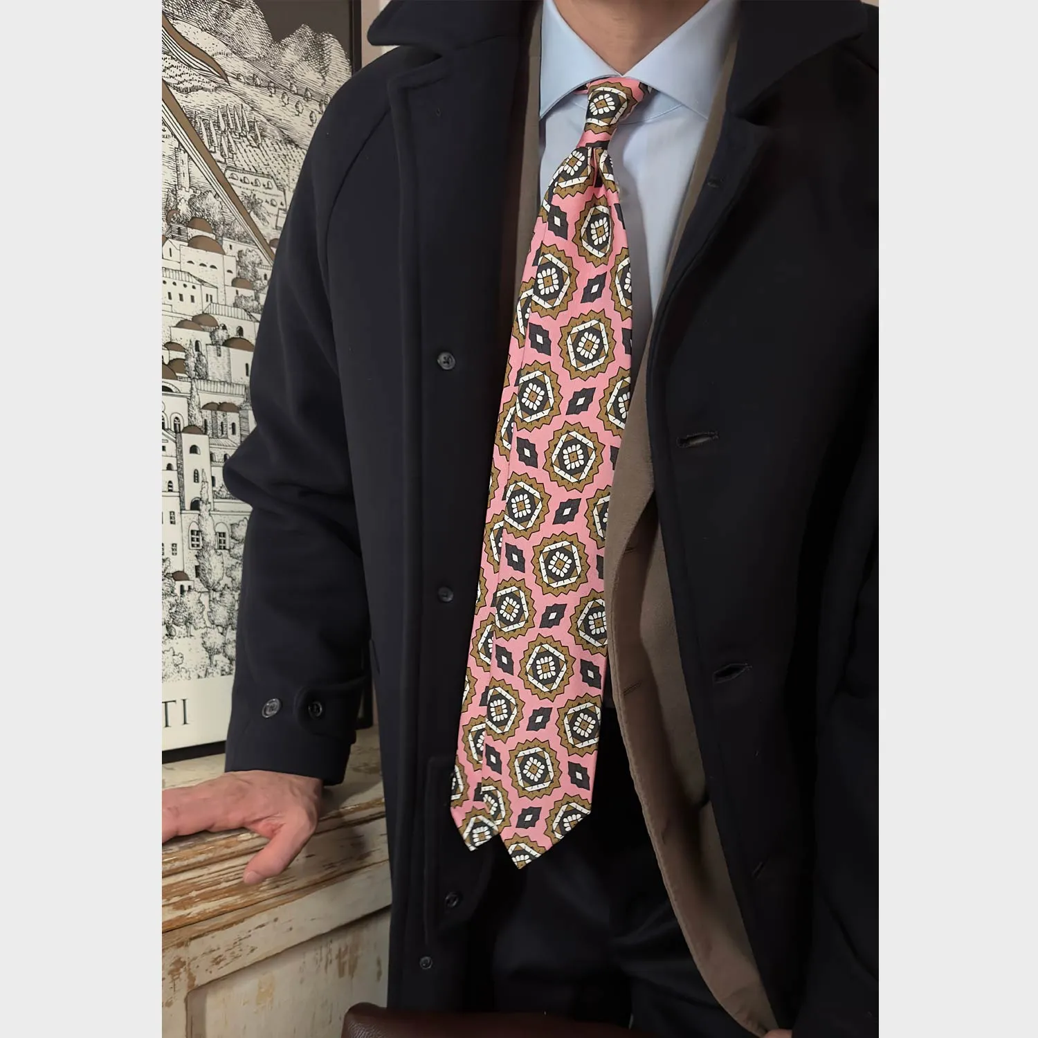 F.Marino Silk Tie 3 Folds Geometric Mandala Pink