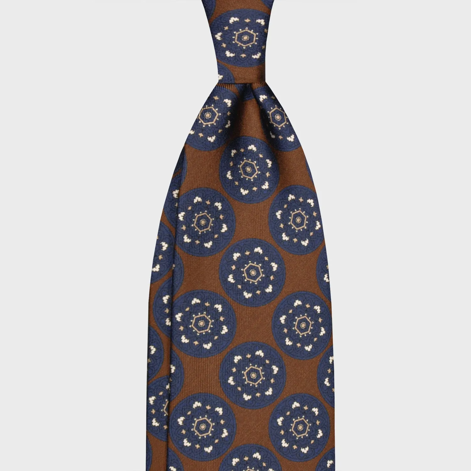 F.Marino Silk Tie 3 Folds Mandala Medallions Coffee Brown