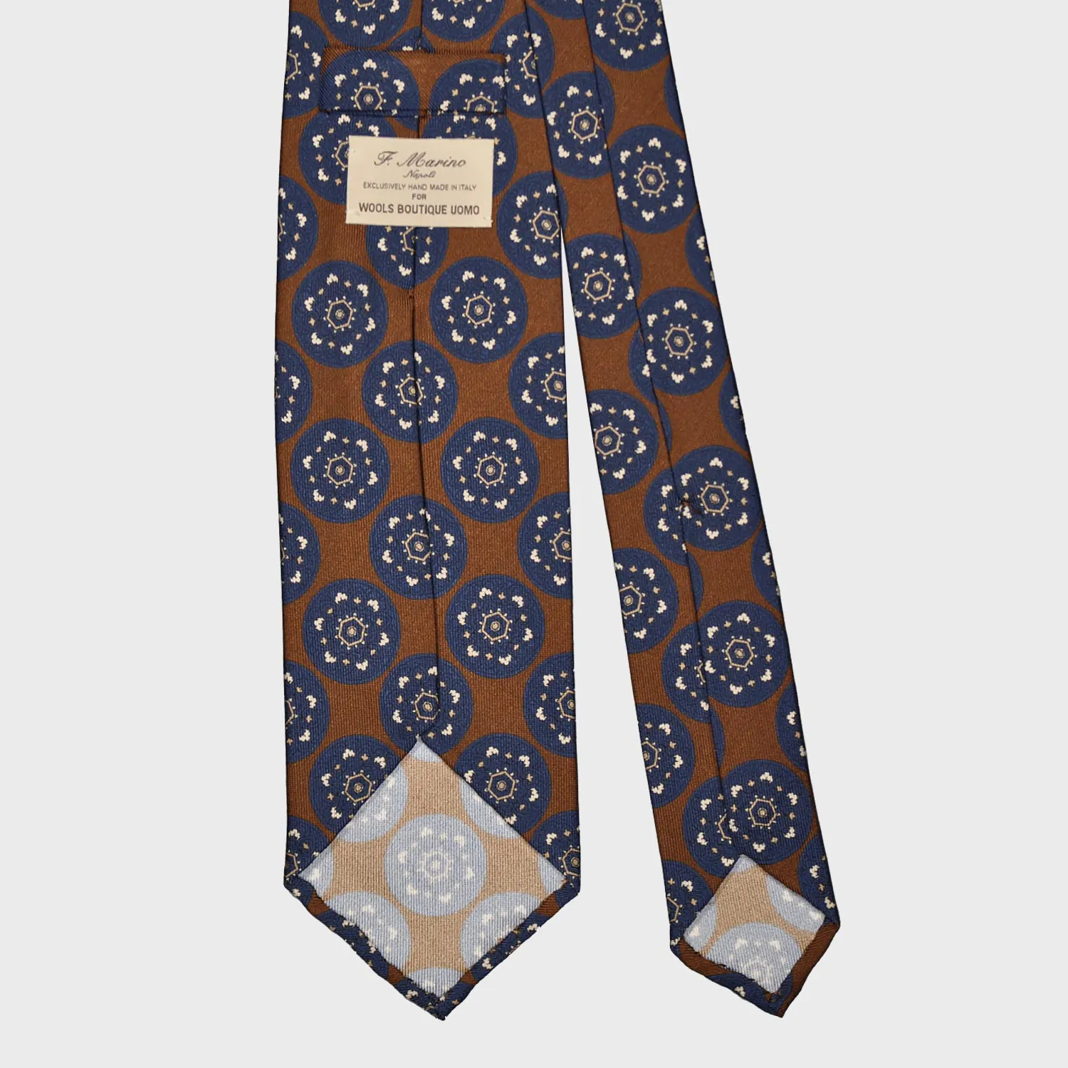 F.Marino Silk Tie 3 Folds Mandala Medallions Coffee Brown