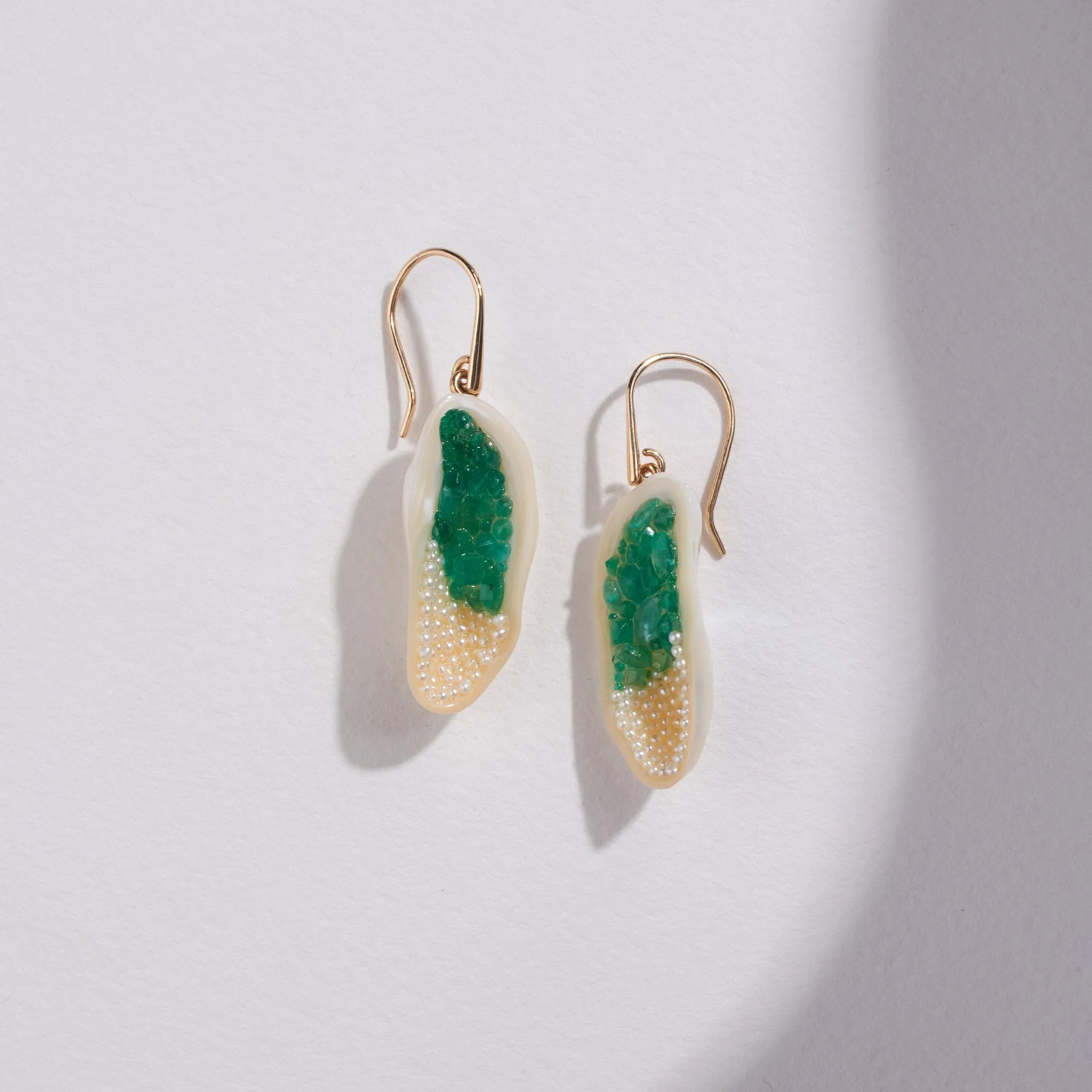 Freshwater Souffle Pearl Geode Dangle Earrings with Emerald and Seed Pearls