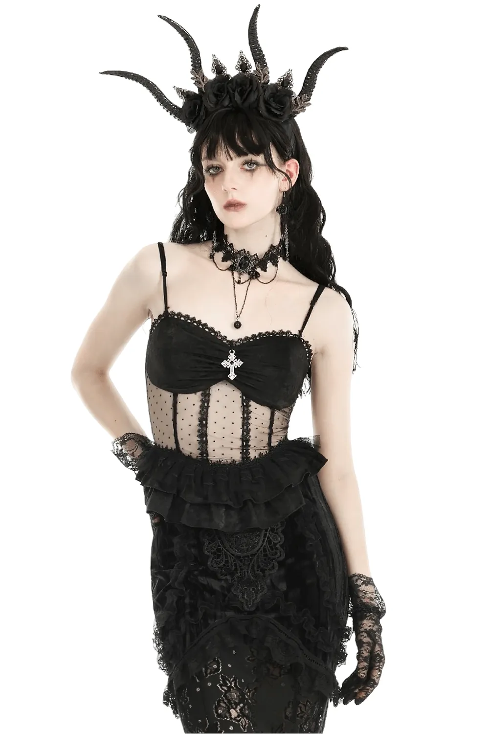 Gothic Corset Top with Lace and Polka Dot Detailing