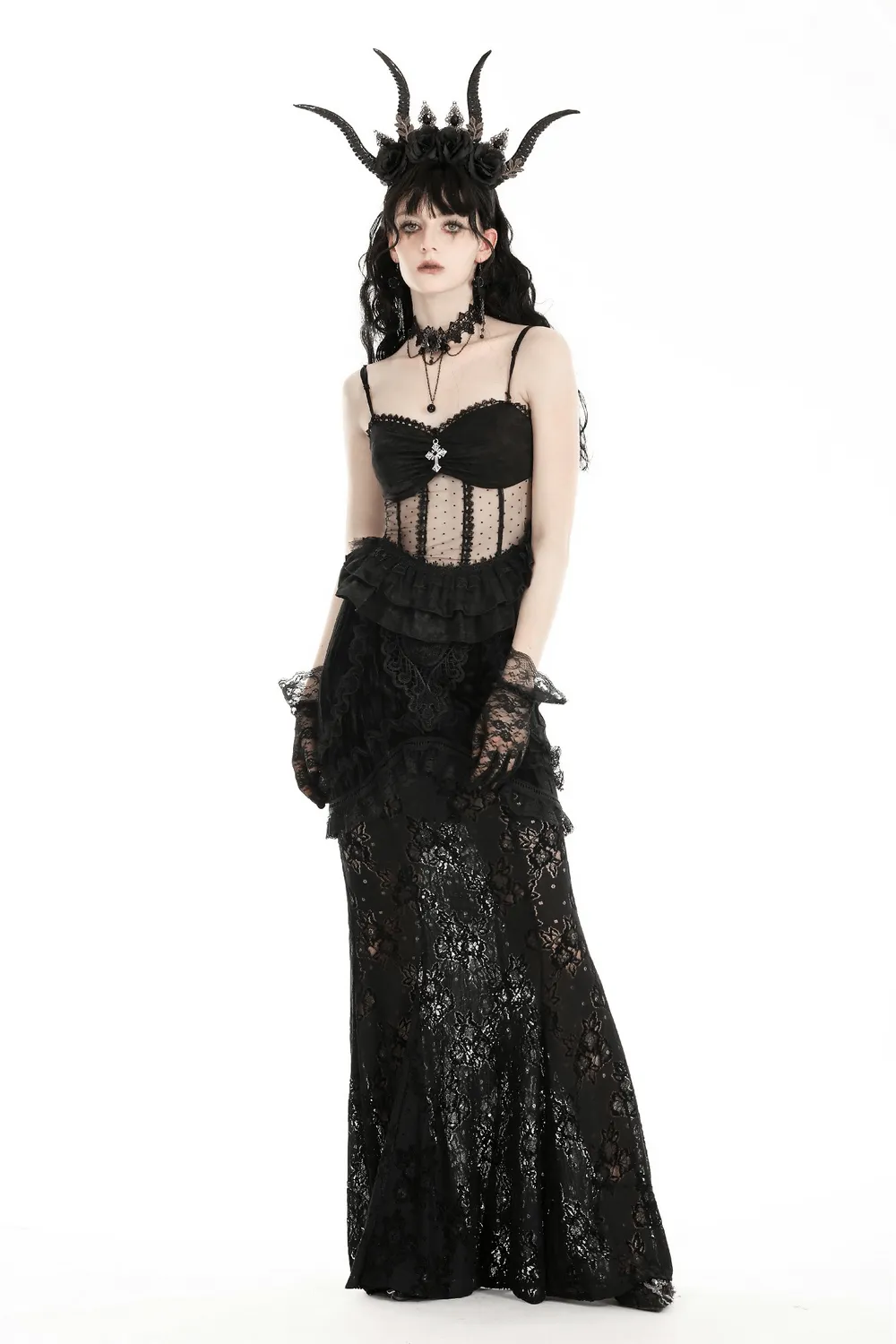 Gothic Corset Top with Lace and Polka Dot Detailing