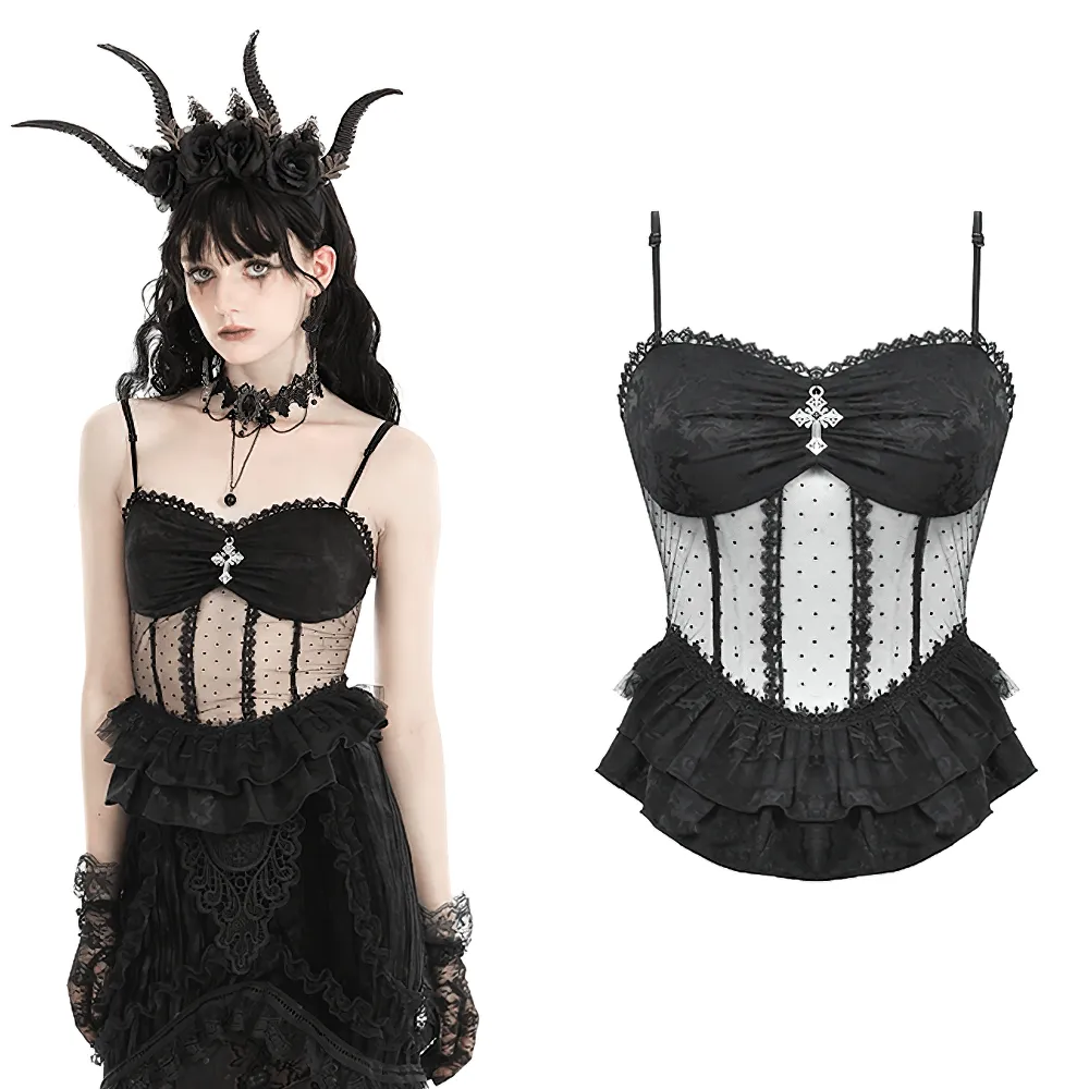 Gothic Corset Top with Lace and Polka Dot Detailing