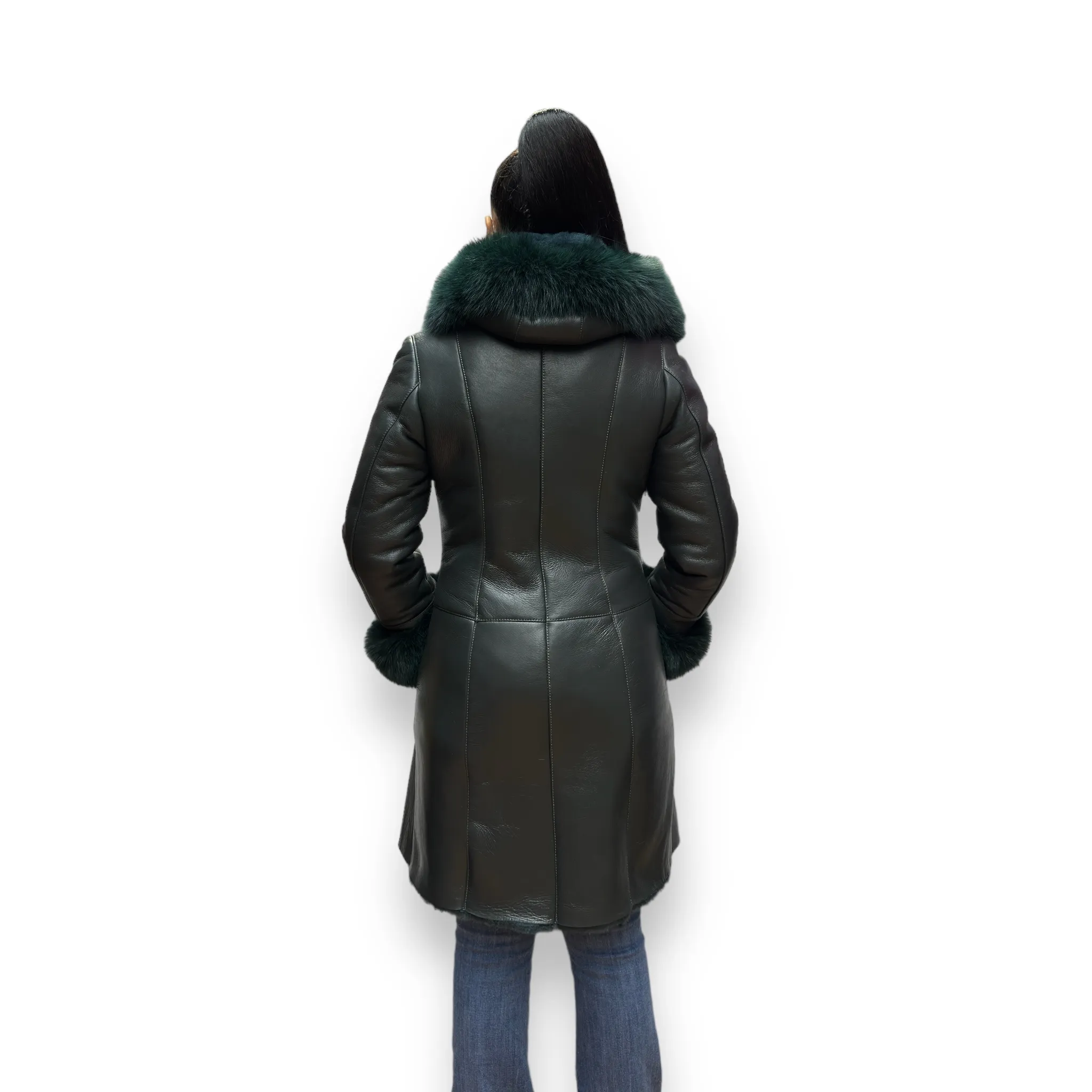 Green Shearling with Fox Hood and Cuffs - Daniel's Leather