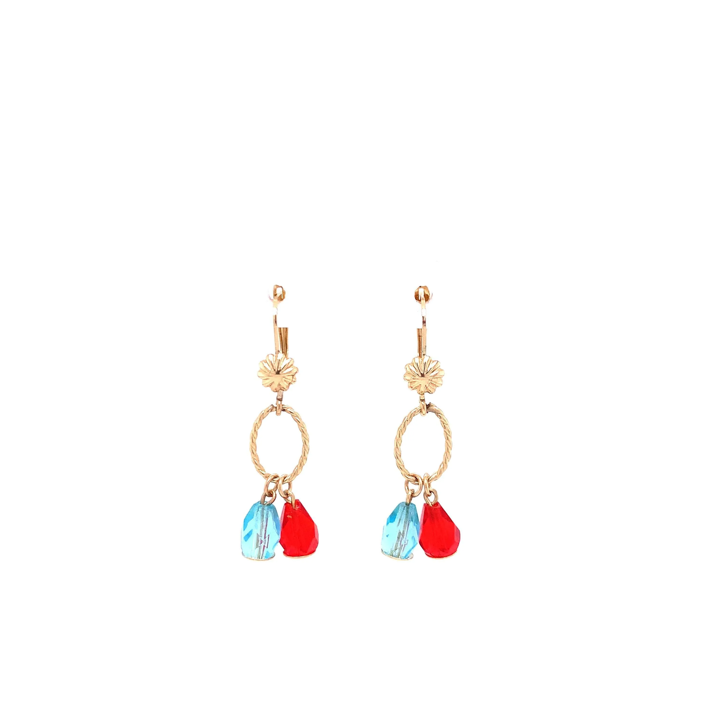 Hanging Double Oval Red and Blue Stone Gold Earrings