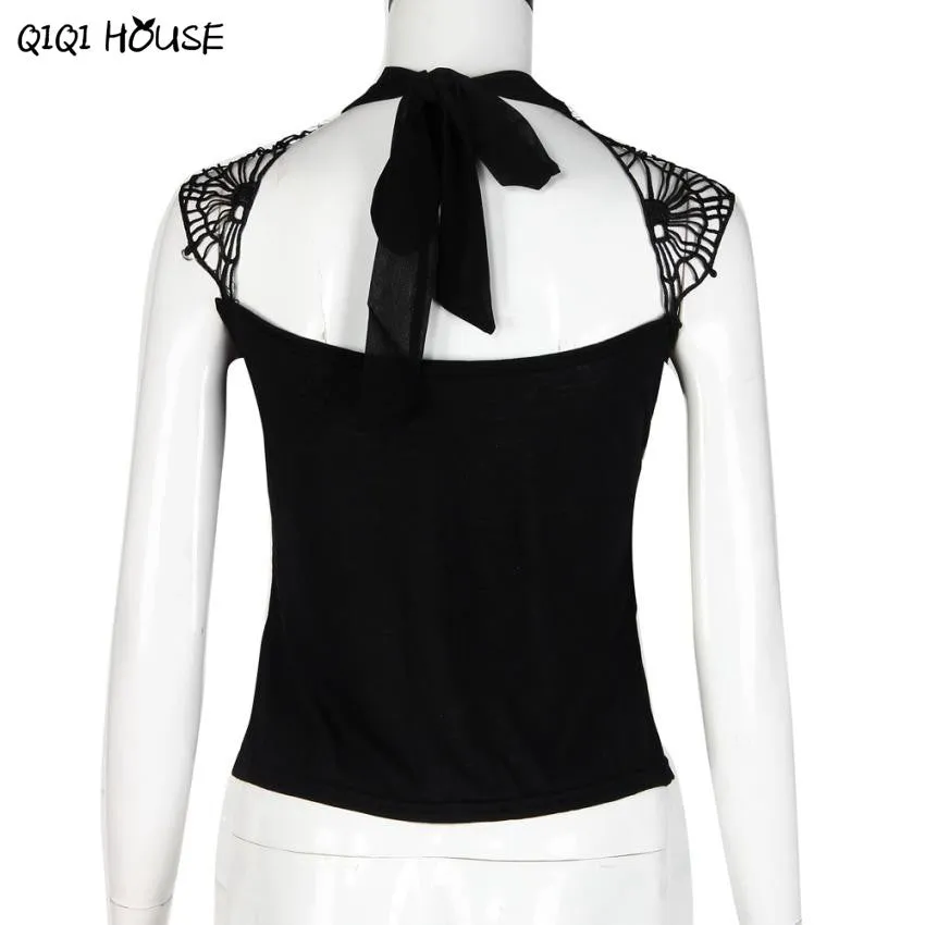 Lace Crochet Tops Sleeveless Sexy Backless Lacing Hollow Out Blouse Autumn Basic Blouse Roupas Feminina#B831 SM6