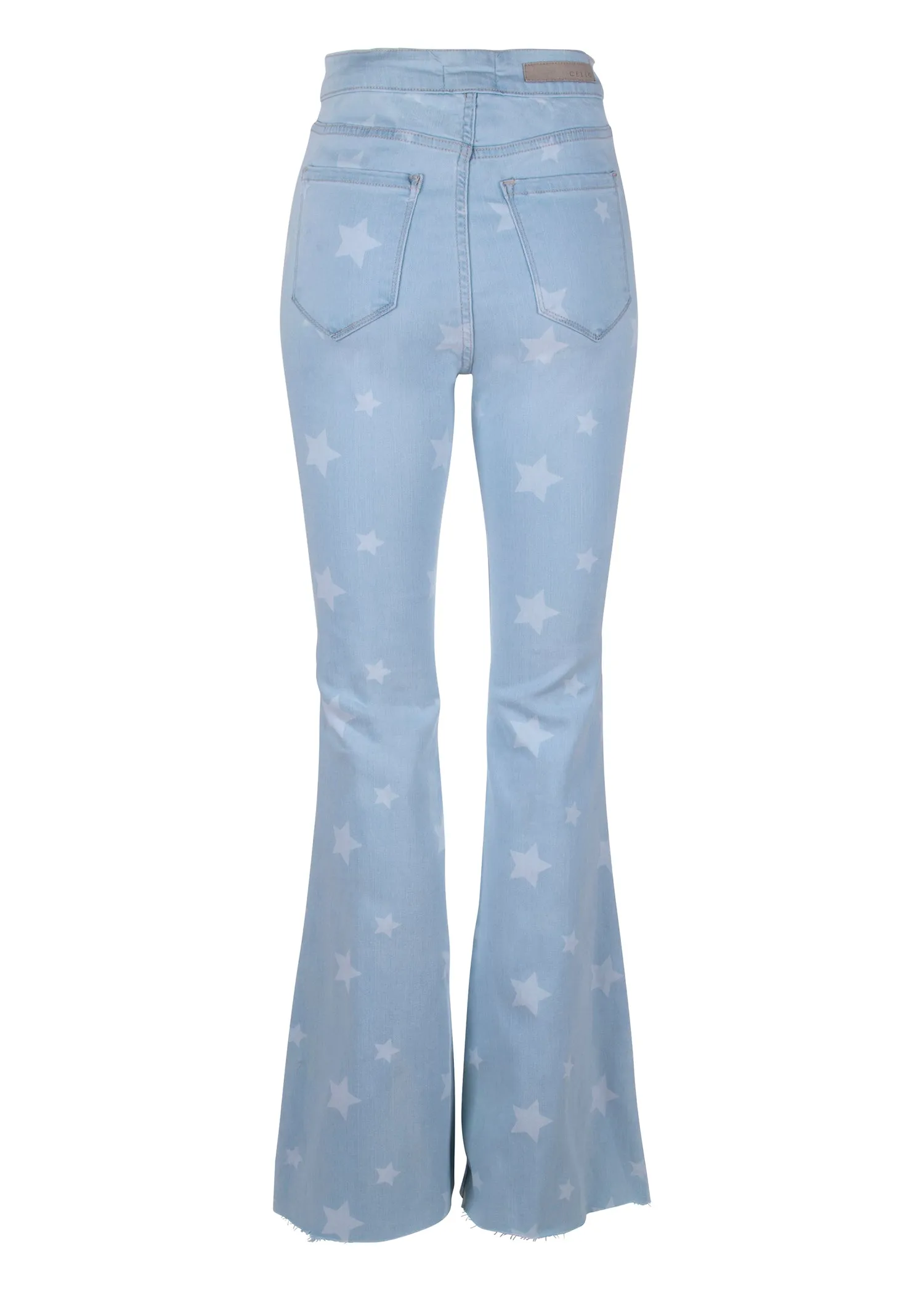 Light Blue Denim High Rise Star Print Flared Jeans Bell Bottoms