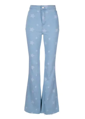 Light Blue Denim High Rise Star Print Flared Jeans Bell Bottoms