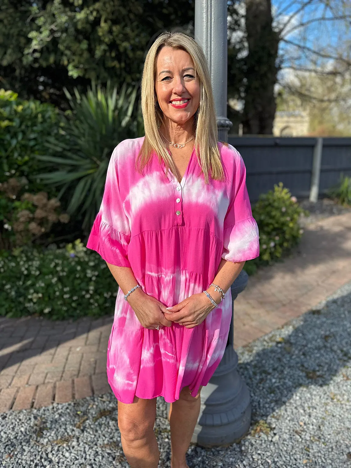 Lipstick Pink Tie Dye Tiered Tunic Hattie