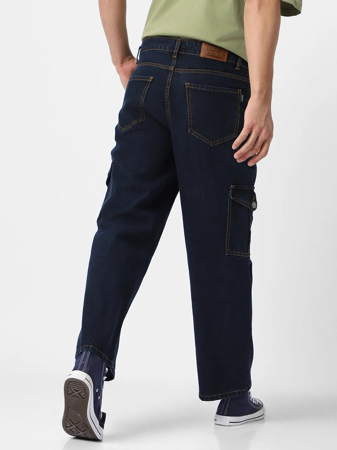 Men's Blue Loose Baggy Fit Cargo Jeans with 6 Pockets Non-Stretchable