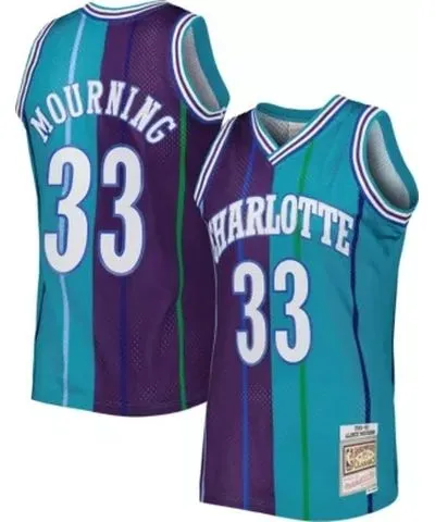 Mitchell & Ness Men's NBA Alonzo Mourning Teal/Purple Charlotte Hornets Hardwood Classics 1992/93 Split Swingman Jersey