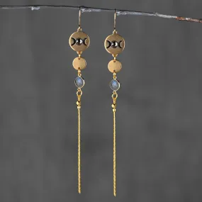 Moon Phase w Semi Precious & Gold Delicate Tassel Earrings