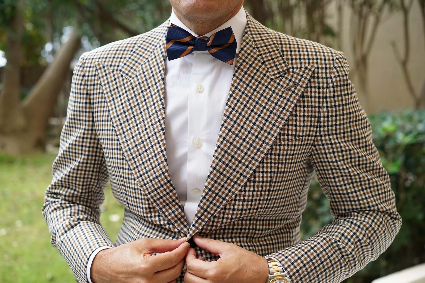 Navy Blue Bow Tie with Striped Brown