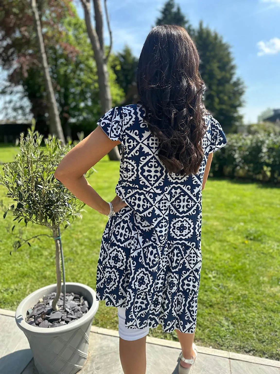 Navy Patterned Short Sleeve Tunic Vanessa