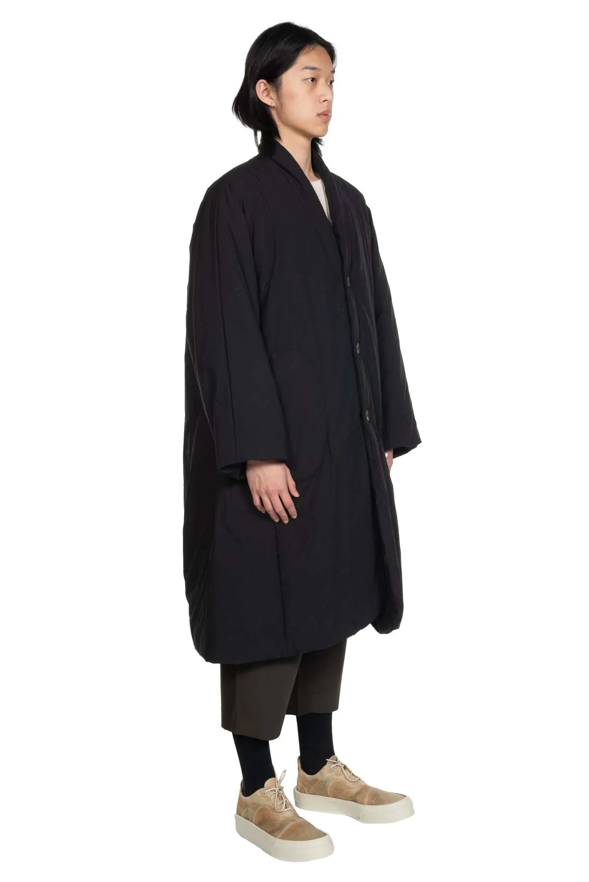 Padded Cotton Long Coat - BLACK