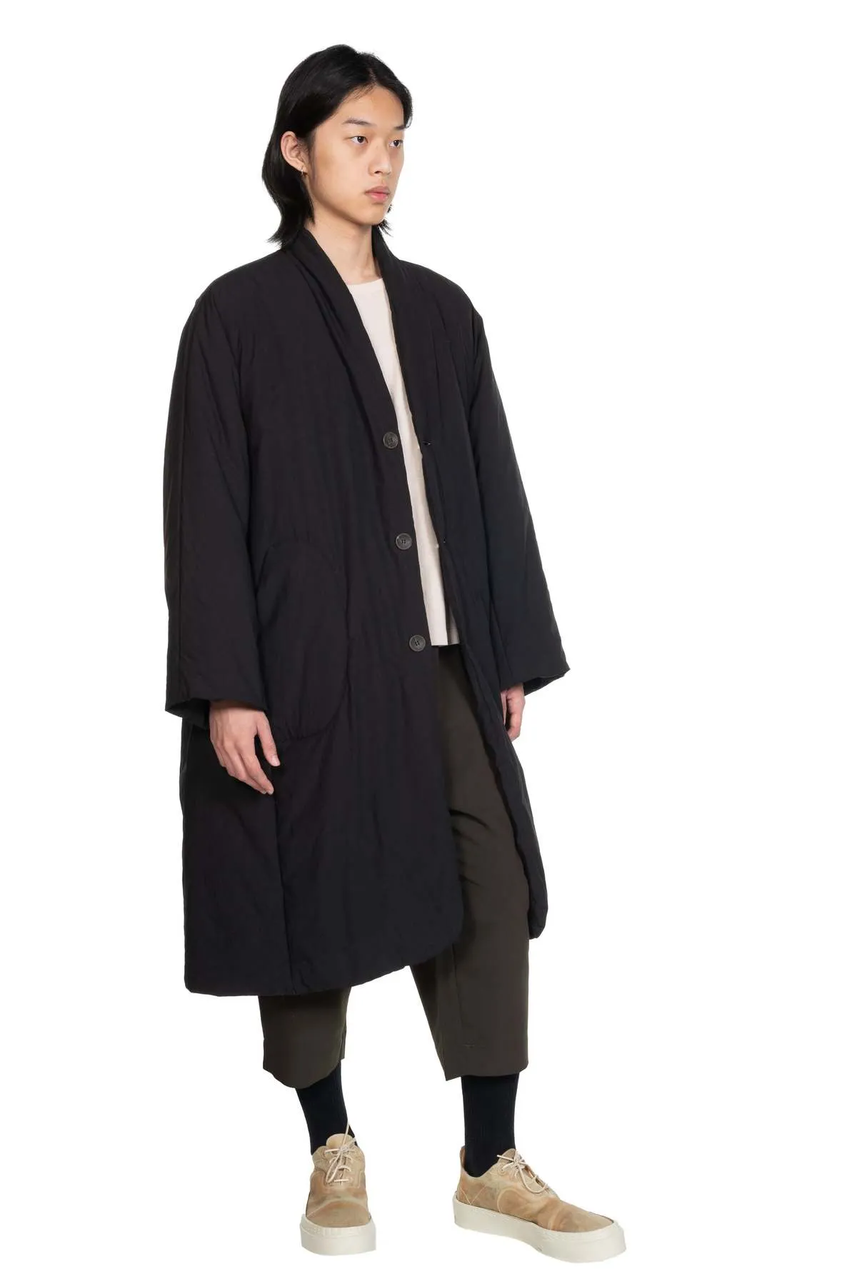 Padded Cotton Long Coat - BLACK