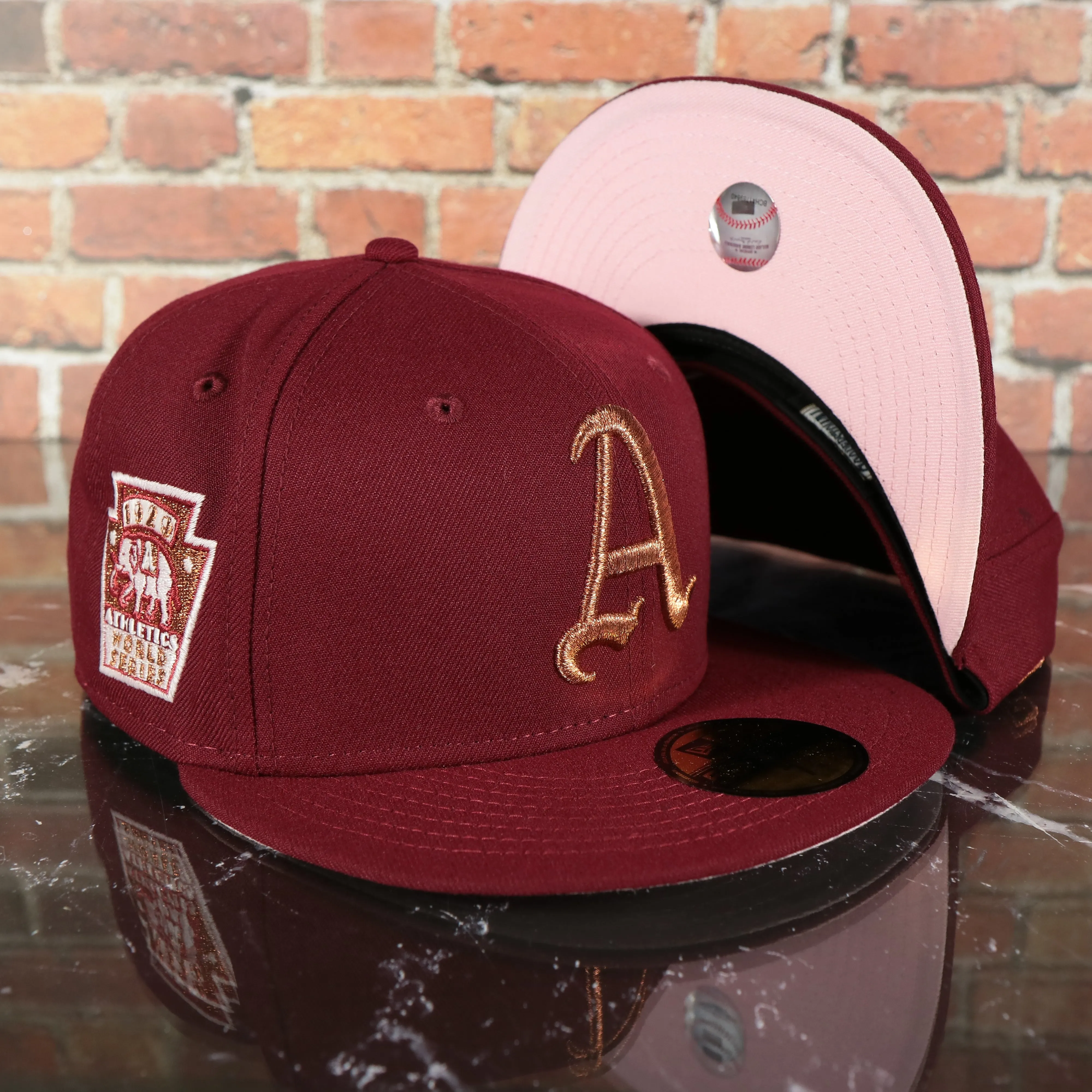 Philadelphia Athletics Glow In the Dark 1929 World Series Side Patch Pink Bottom Cardinal 5950 Fitted Cap | Pumpkin Wine Pack