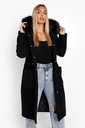 Plus Faux Fur Hood Wool Look Coat