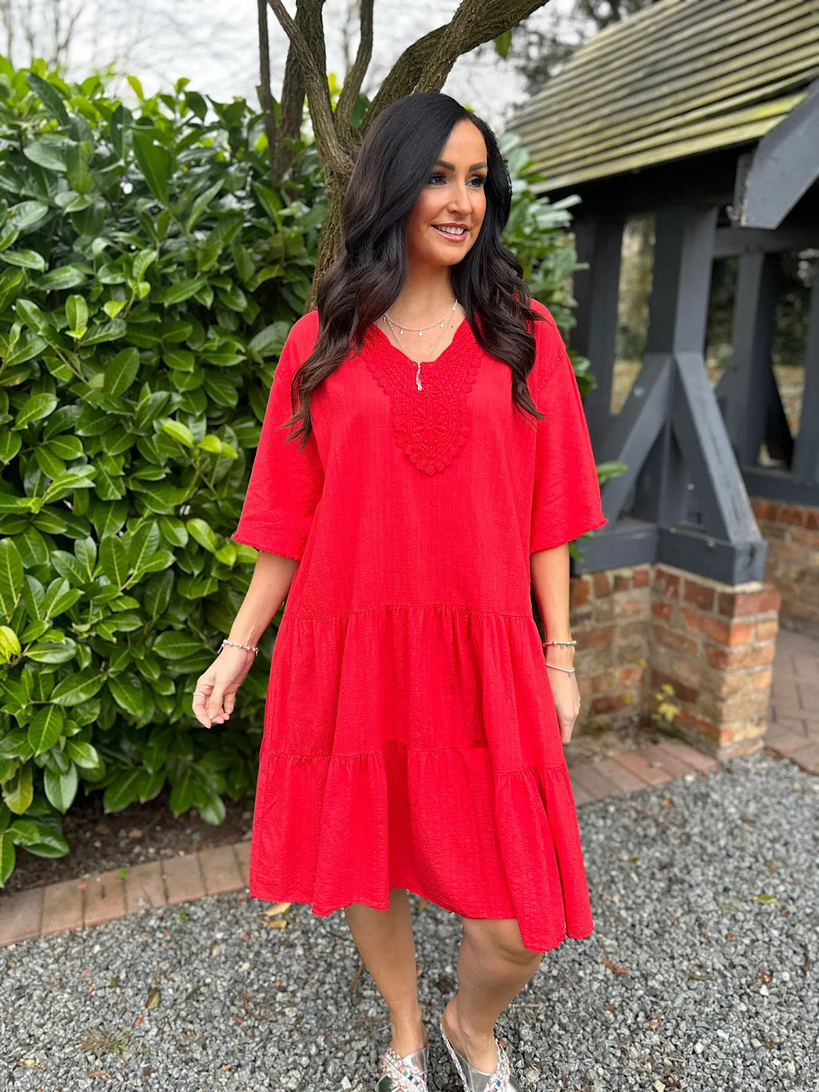 Red Crochet Tiered Tunic Dress Brenda