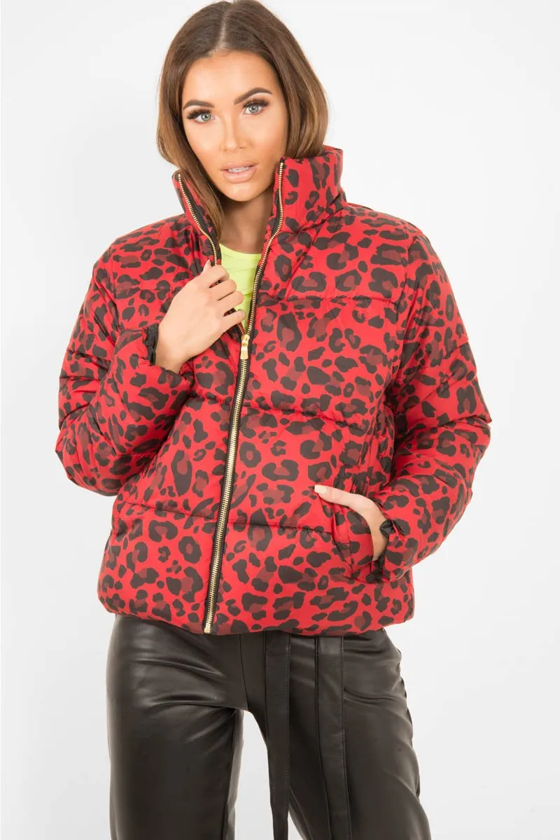 Red Leopard Print Puffer Coat - Shona