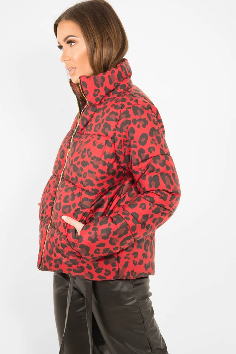 Red Leopard Print Puffer Coat - Shona