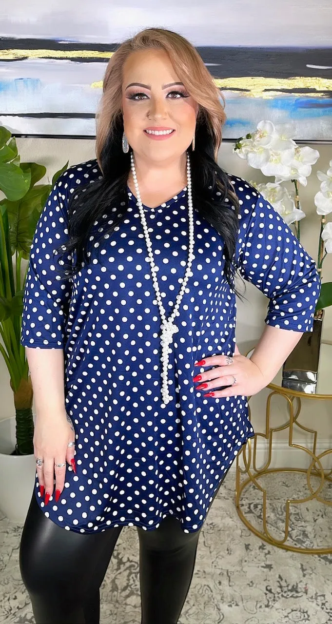 S,M, 3X : Navy Polka Dot Scoop Tunic